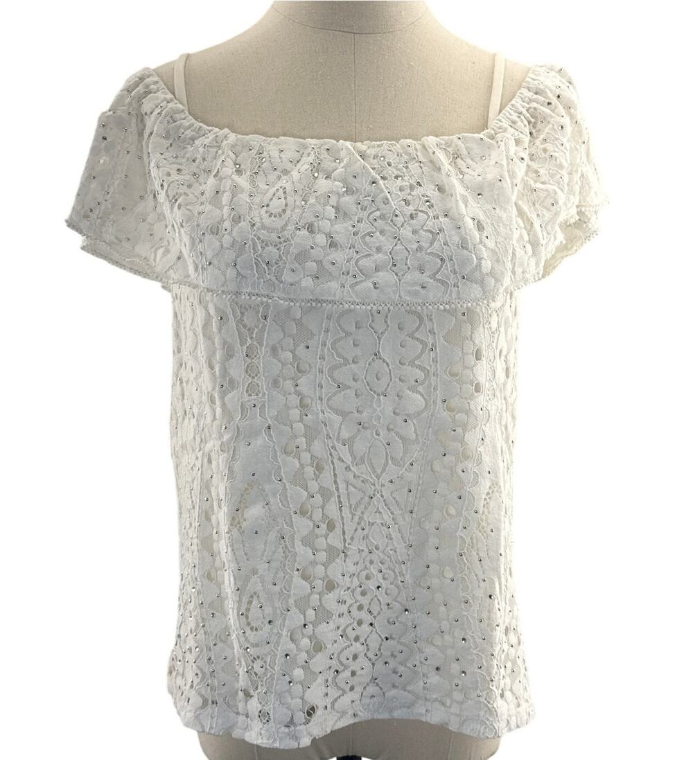 Women's XS White Lace Off Shoulder Peasant Blouse Boho Romantic Top